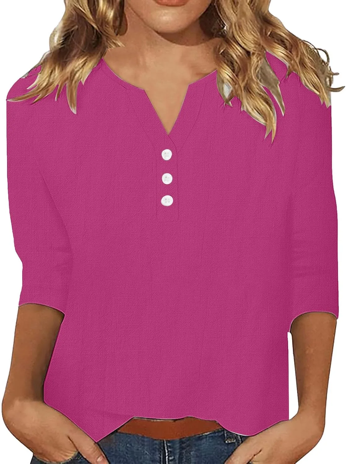 3/4 Sleeve Shirts for Women Trendy Linen V-Neck Button Down Solid Tops Casual Loose Fit Summer Breathable Blouse 2025