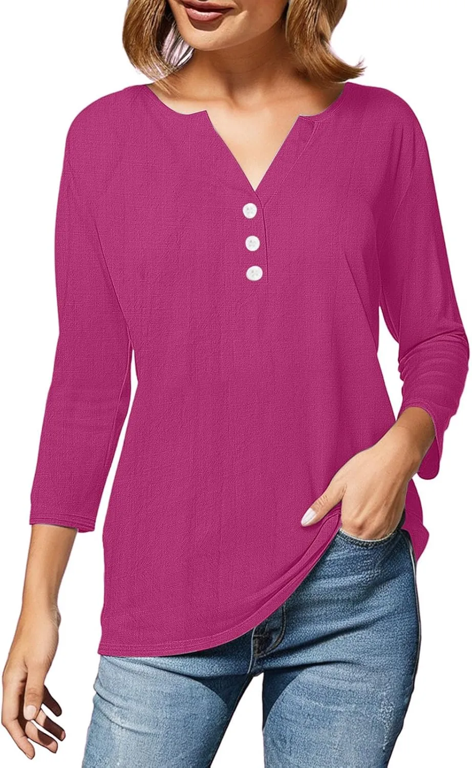 3/4 Sleeve Shirts for Women Trendy Linen V-Neck Button Down Solid Tops Casual Loose Fit Summer Breathable Blouse 2025