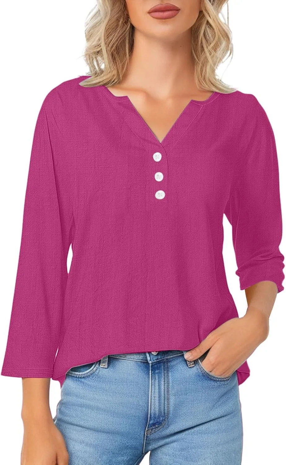 3/4 Sleeve Shirts for Women Trendy Linen V-Neck Button Down Solid Tops Casual Loose Fit Summer Breathable Blouse 2025