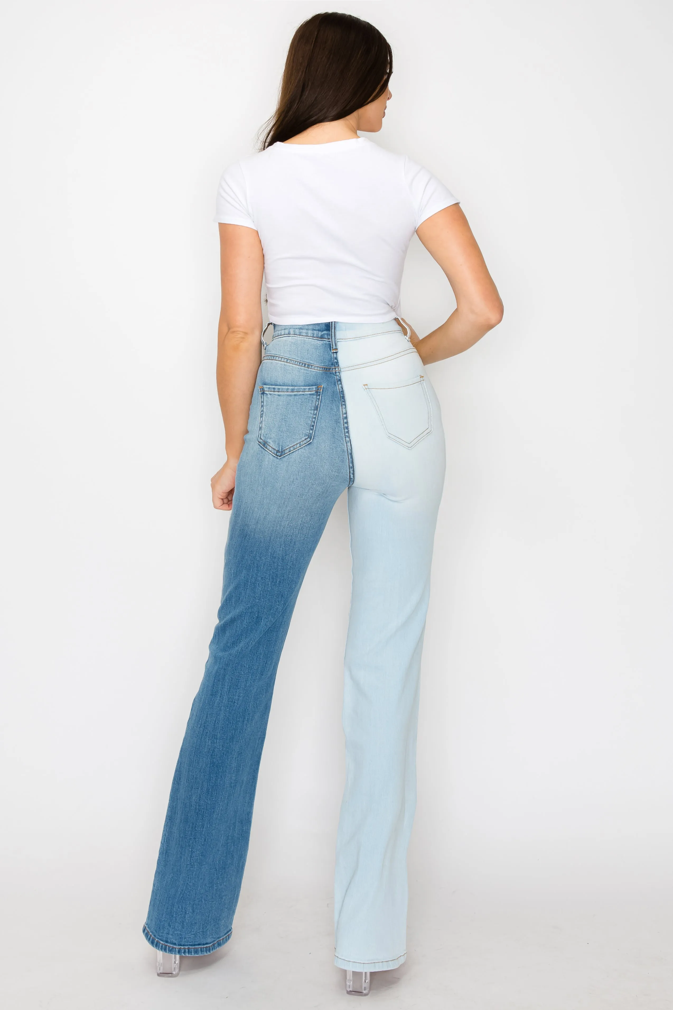 40551 High Rise Boot Cut Jeans w/ Multi Toned Leg and Destroyed