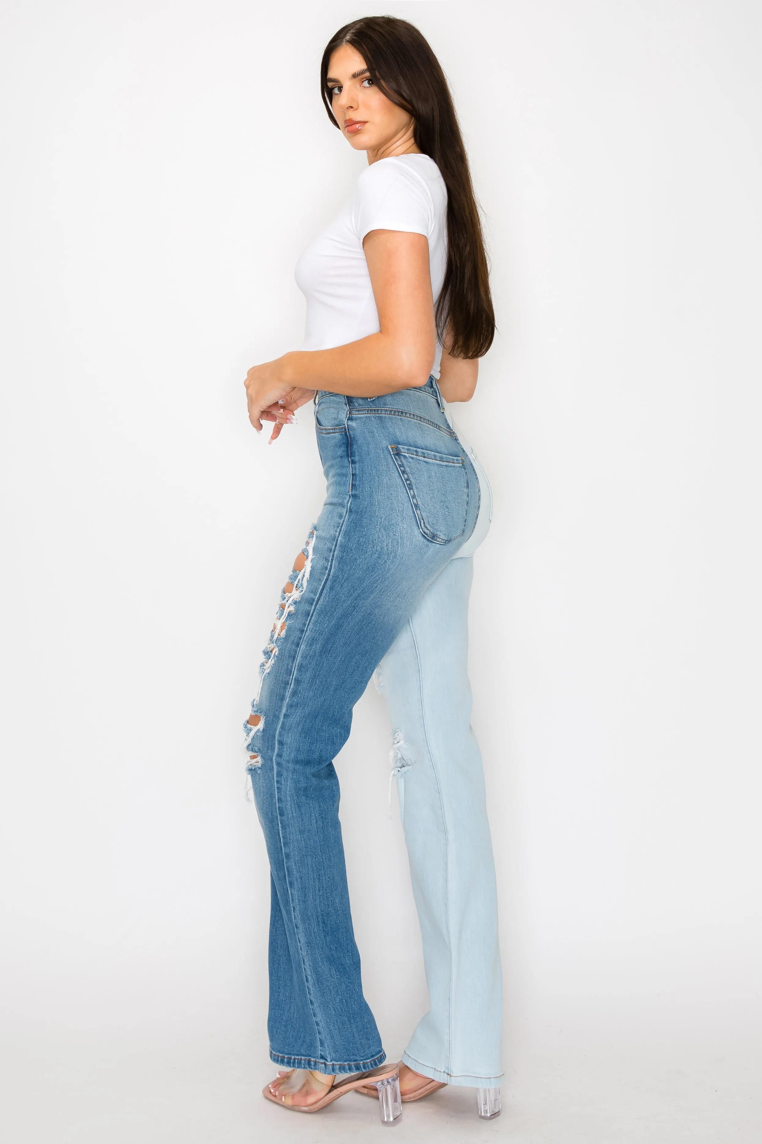 40551 High Rise Boot Cut Jeans w/ Multi Toned Leg and Destroyed