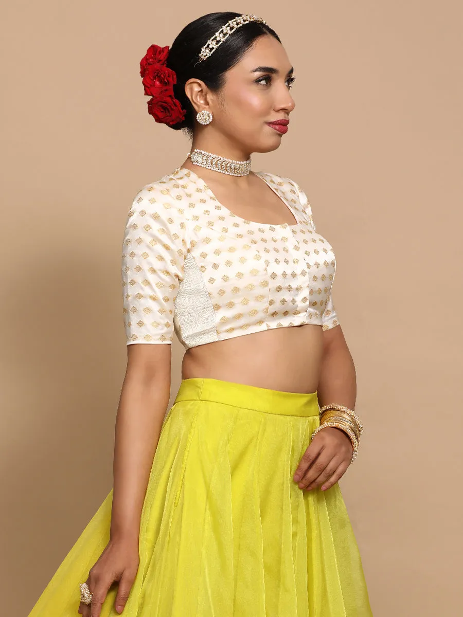 Afreen x Tyohaar | Elbow Sleeves Satin Viscose Saree Blouse in Cream Butta Fabric