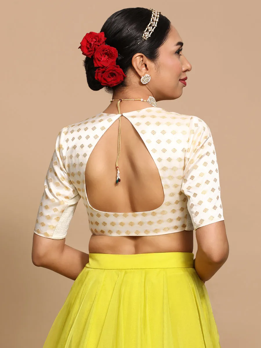 Afreen x Tyohaar | Elbow Sleeves Satin Viscose Saree Blouse in Cream Butta Fabric
