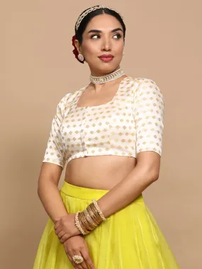 Afreen x Tyohaar | Elbow Sleeves Satin Viscose Saree Blouse in Cream Butta Fabric
