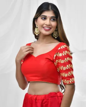 Amodini Designer Studio Red Blouse with Embellished Gota Sleeves 