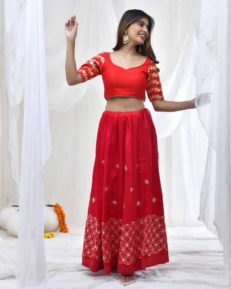 Amodini Designer Studio Red Blouse with Embellished Gota Sleeves 