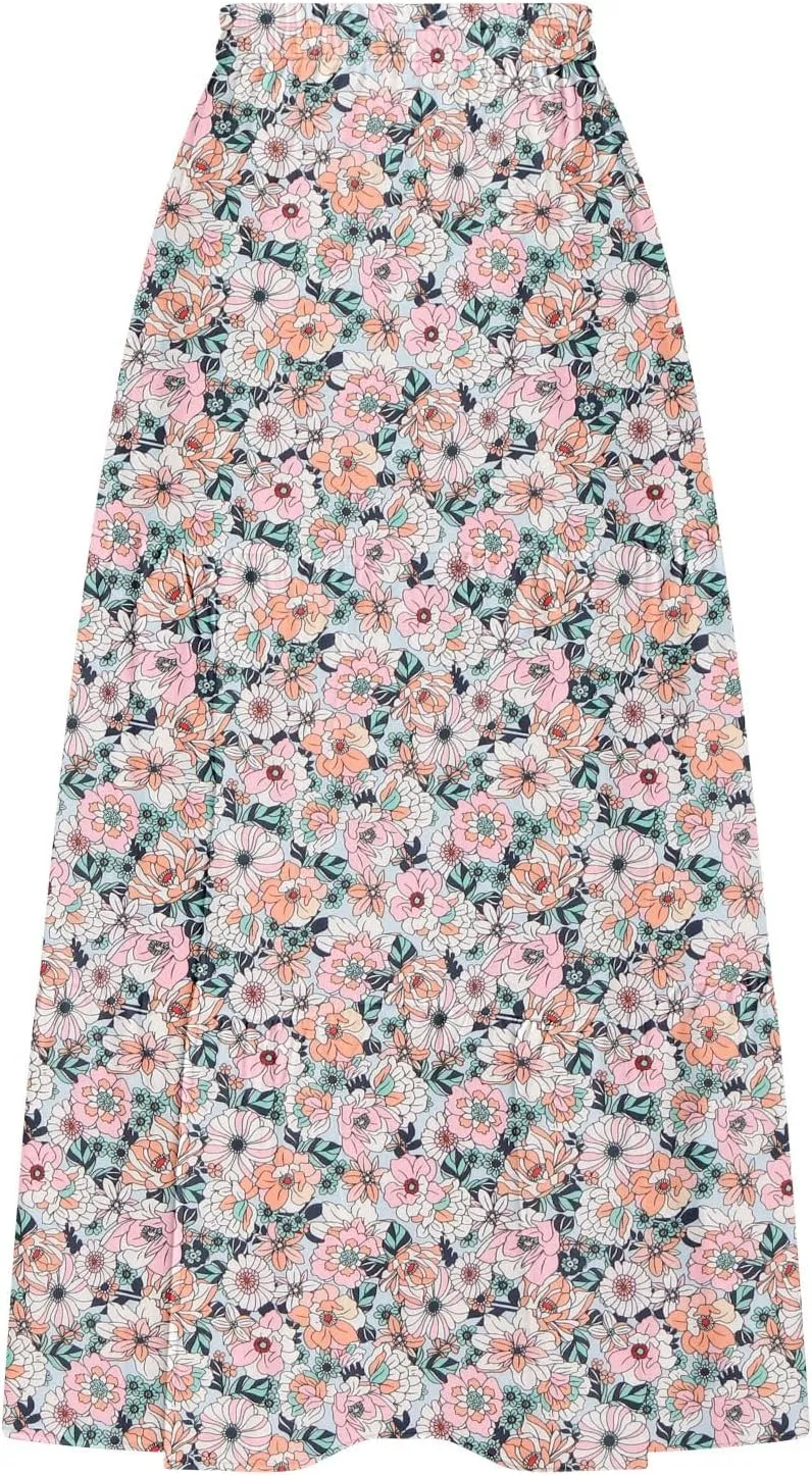Bohemian Floral Skirts for Women High Waist Pleated Beach Skirt Trendy Ladies Boho Vacation Skirts with Slit