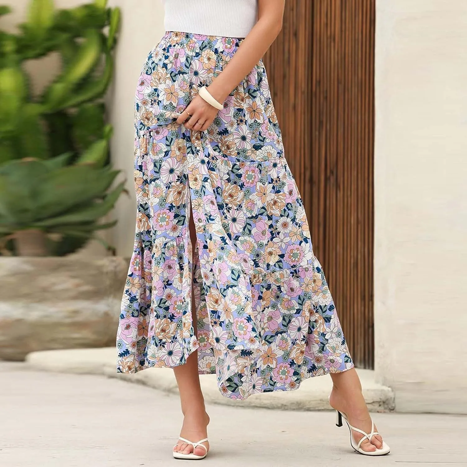 Bohemian Floral Skirts for Women High Waist Pleated Beach Skirt Trendy Ladies Boho Vacation Skirts with Slit