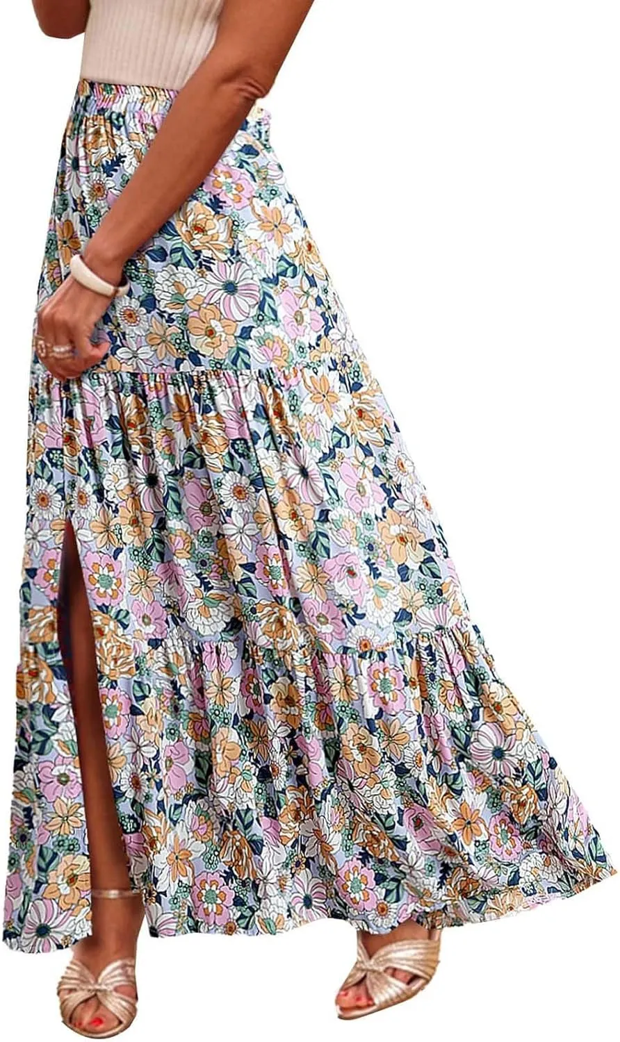 Bohemian Floral Skirts for Women High Waist Pleated Beach Skirt Trendy Ladies Boho Vacation Skirts with Slit