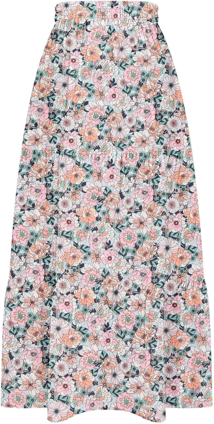 Bohemian Floral Skirts for Women High Waist Pleated Beach Skirt Trendy Ladies Boho Vacation Skirts with Slit