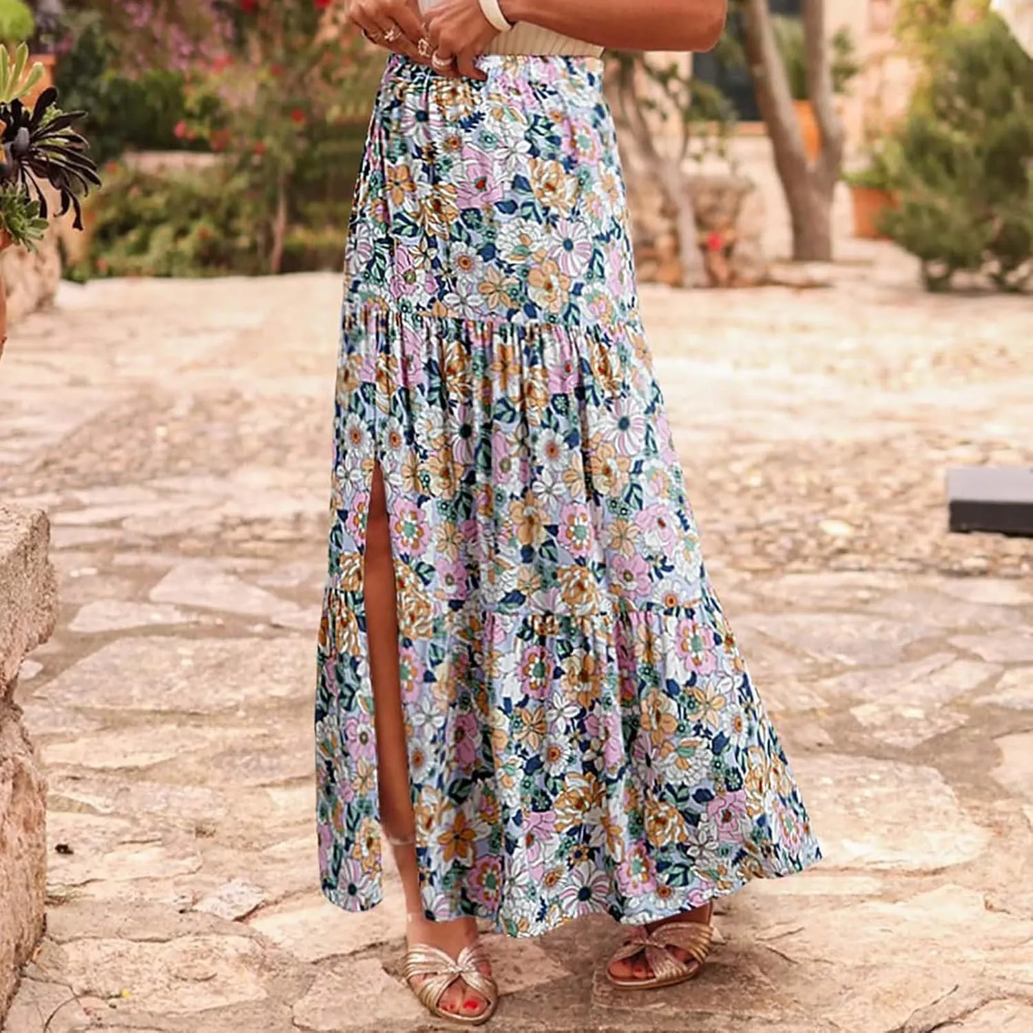 Bohemian Floral Skirts for Women High Waist Pleated Beach Skirt Trendy Ladies Boho Vacation Skirts with Slit