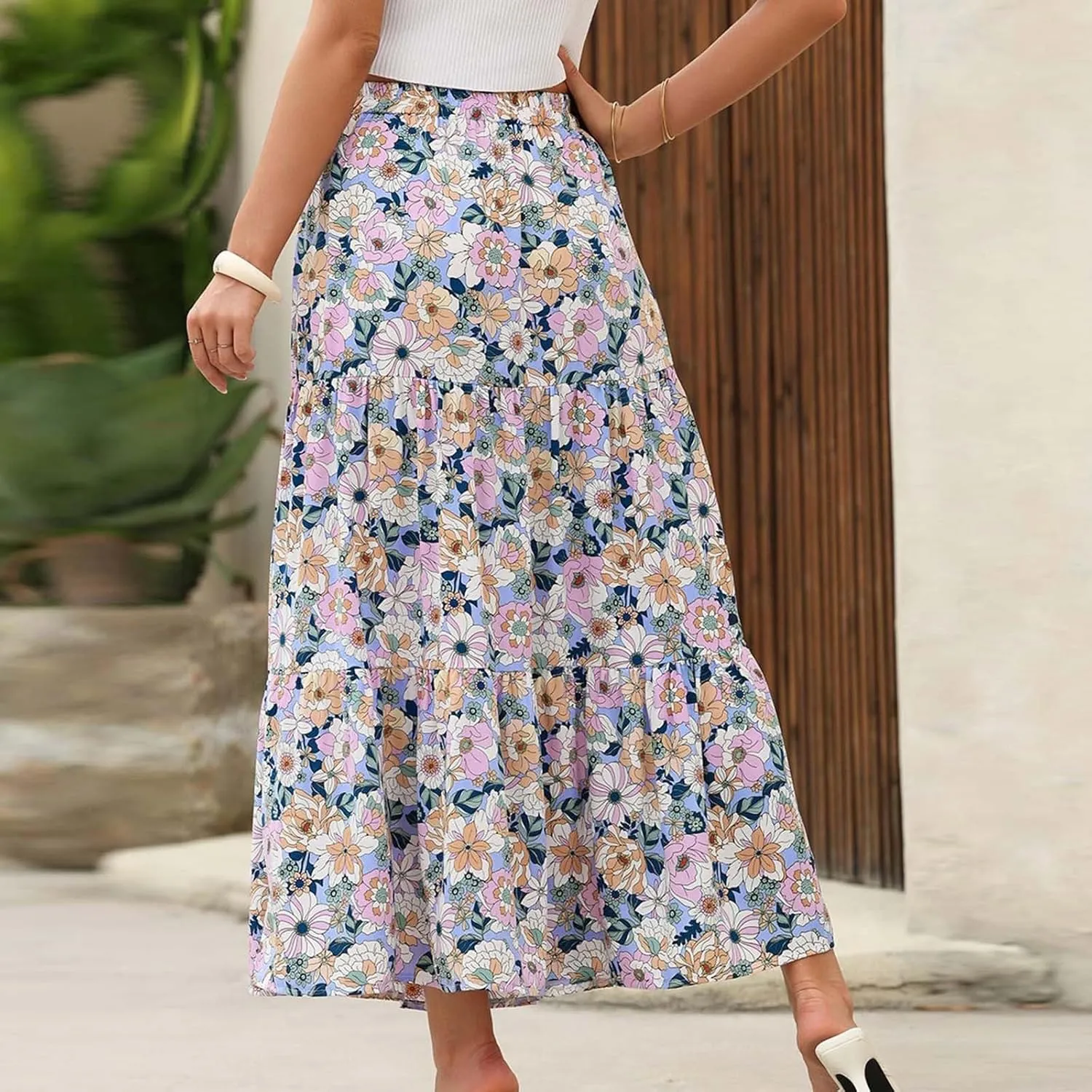 Bohemian Floral Skirts for Women High Waist Pleated Beach Skirt Trendy Ladies Boho Vacation Skirts with Slit