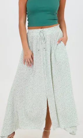 Caeli Sage Green A Line Maxi Skirt With Tie Waist And Front Slit