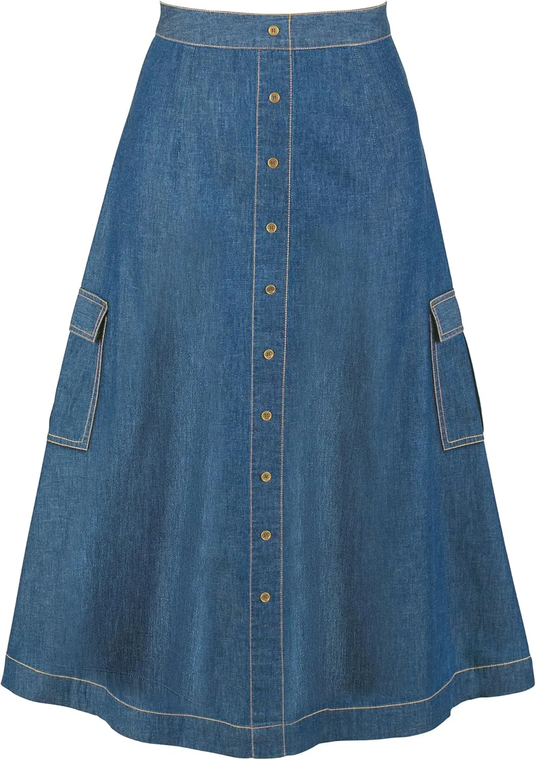 Collections Etc Cargo Pocket Faux Button Front Long Denim Skirt