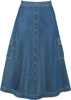 Collections Etc Cargo Pocket Faux Button Front Long Denim Skirt