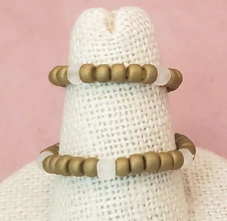 Elastic Rings in Earthy Golden Green   White   Clear, Set of 2, Simple, Boho, Bohemian, Minimalist, Stackable, Choice of Colors, Group CC