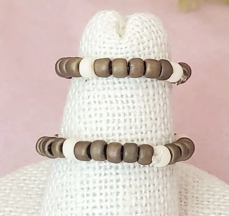 Elastic Rings in Earthy Khaki Green   Copper   Cream, Set of 2, Simple, Boho, Bohemian, Minimalist, Stackable, Choice of Colors, Group BB