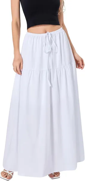Faretumiya Women Boho Maxi Skirt High Elastic Waist Flowy Pleated Long Skirt Swing Tiered A Line Skirt Bohemian Casual Skirt