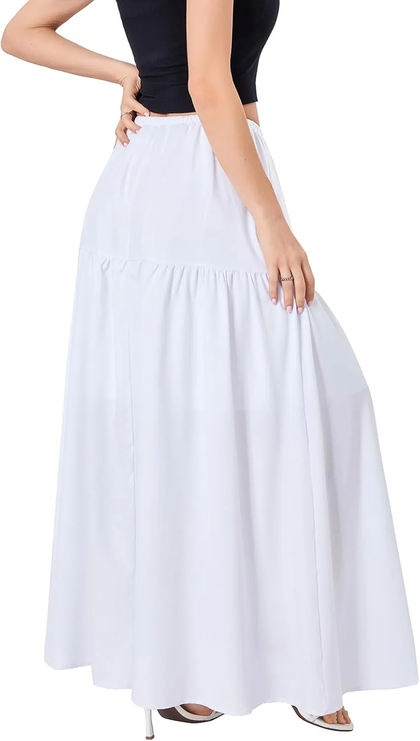 Faretumiya Women Boho Maxi Skirt High Elastic Waist Flowy Pleated Long Skirt Swing Tiered A Line Skirt Bohemian Casual Skirt