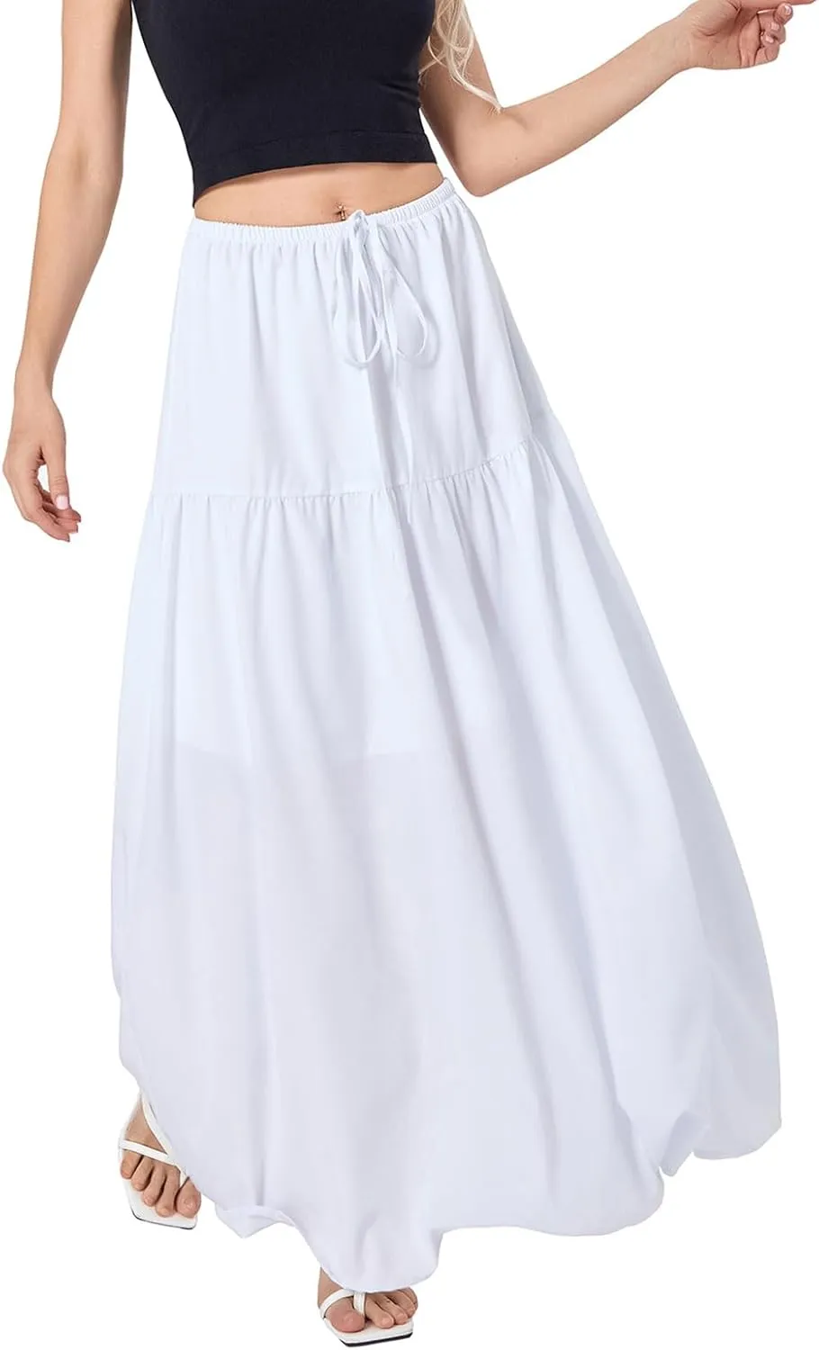 Faretumiya Women Boho Maxi Skirt High Elastic Waist Flowy Pleated Long Skirt Swing Tiered A Line Skirt Bohemian Casual Skirt