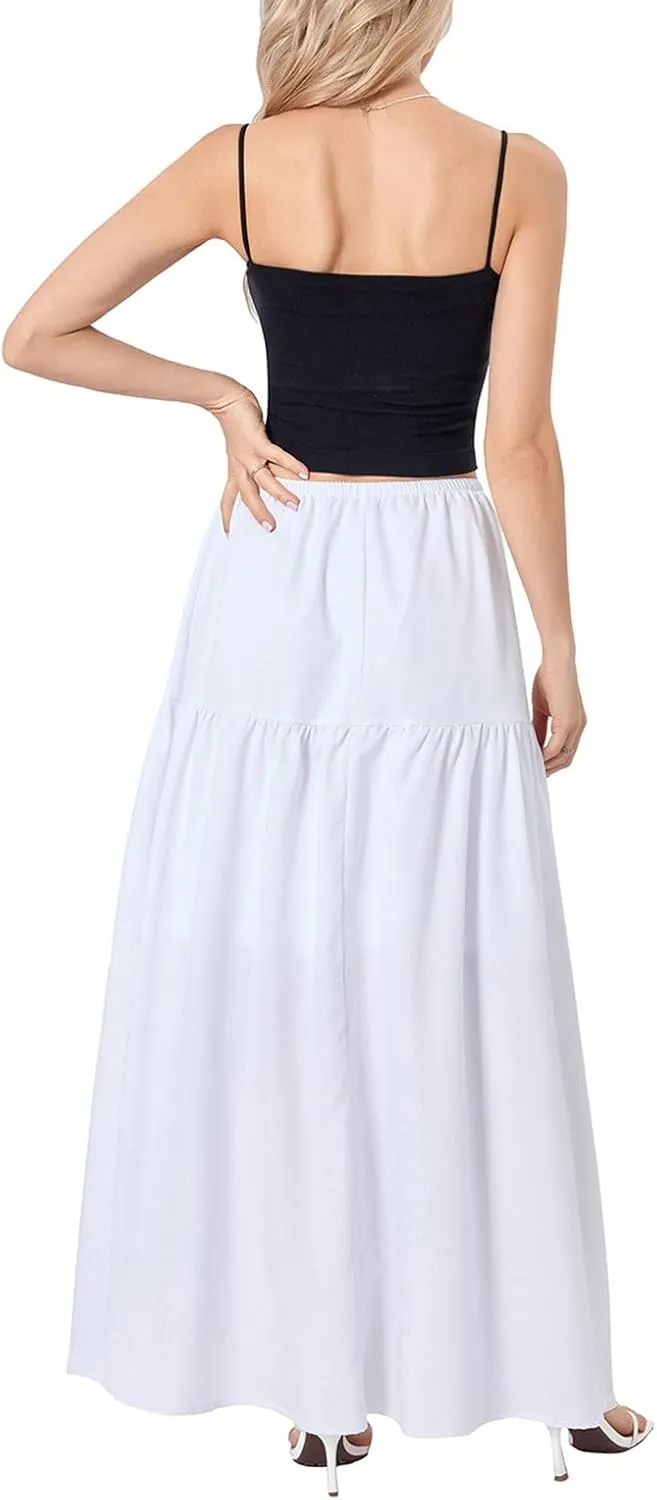 Faretumiya Women Boho Maxi Skirt High Elastic Waist Flowy Pleated Long Skirt Swing Tiered A Line Skirt Bohemian Casual Skirt
