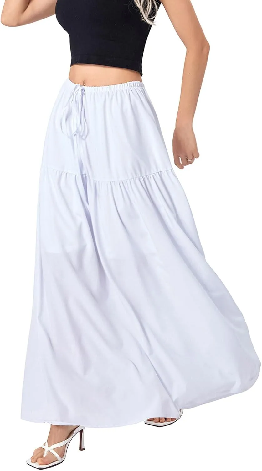 Faretumiya Women Boho Maxi Skirt High Elastic Waist Flowy Pleated Long Skirt Swing Tiered A Line Skirt Bohemian Casual Skirt