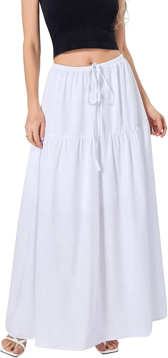 Faretumiya Women Boho Maxi Skirt High Elastic Waist Flowy Pleated Long Skirt Swing Tiered A Line Skirt Bohemian Casual Skirt
