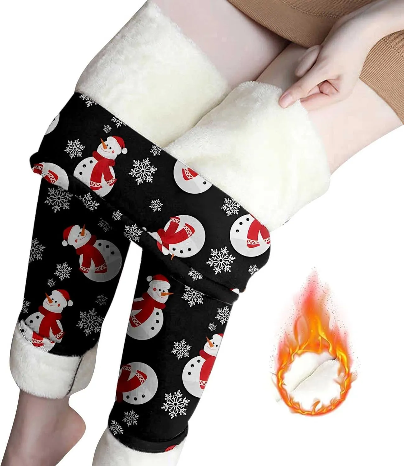 Fashion Xmas Graphic Print Leggings Fleece Lined Leggings for Women Thermal Pants High Waist Stretchy Warm