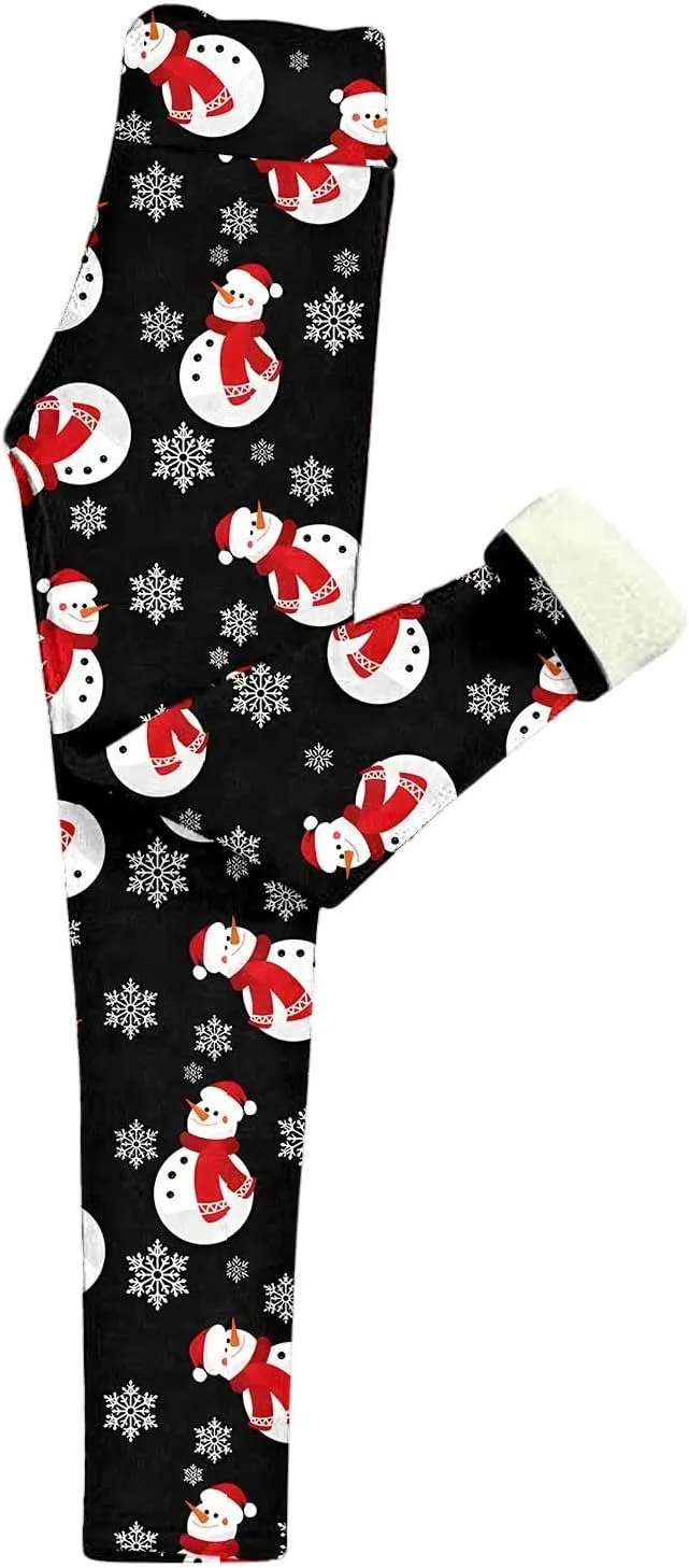 Fashion Xmas Graphic Print Leggings Fleece Lined Leggings for Women Thermal Pants High Waist Stretchy Warm