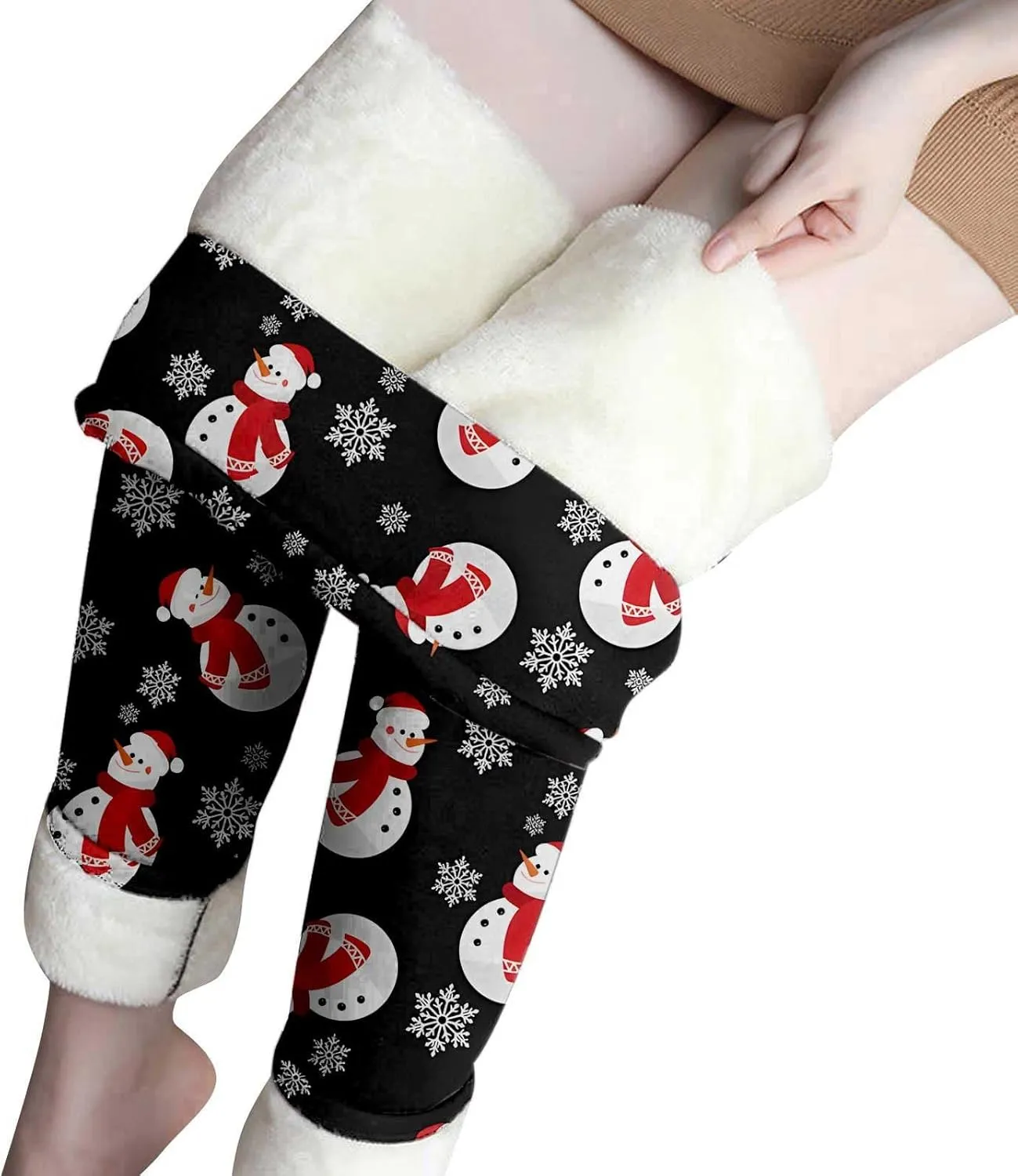 Fashion Xmas Graphic Print Leggings Fleece Lined Leggings for Women Thermal Pants High Waist Stretchy Warm