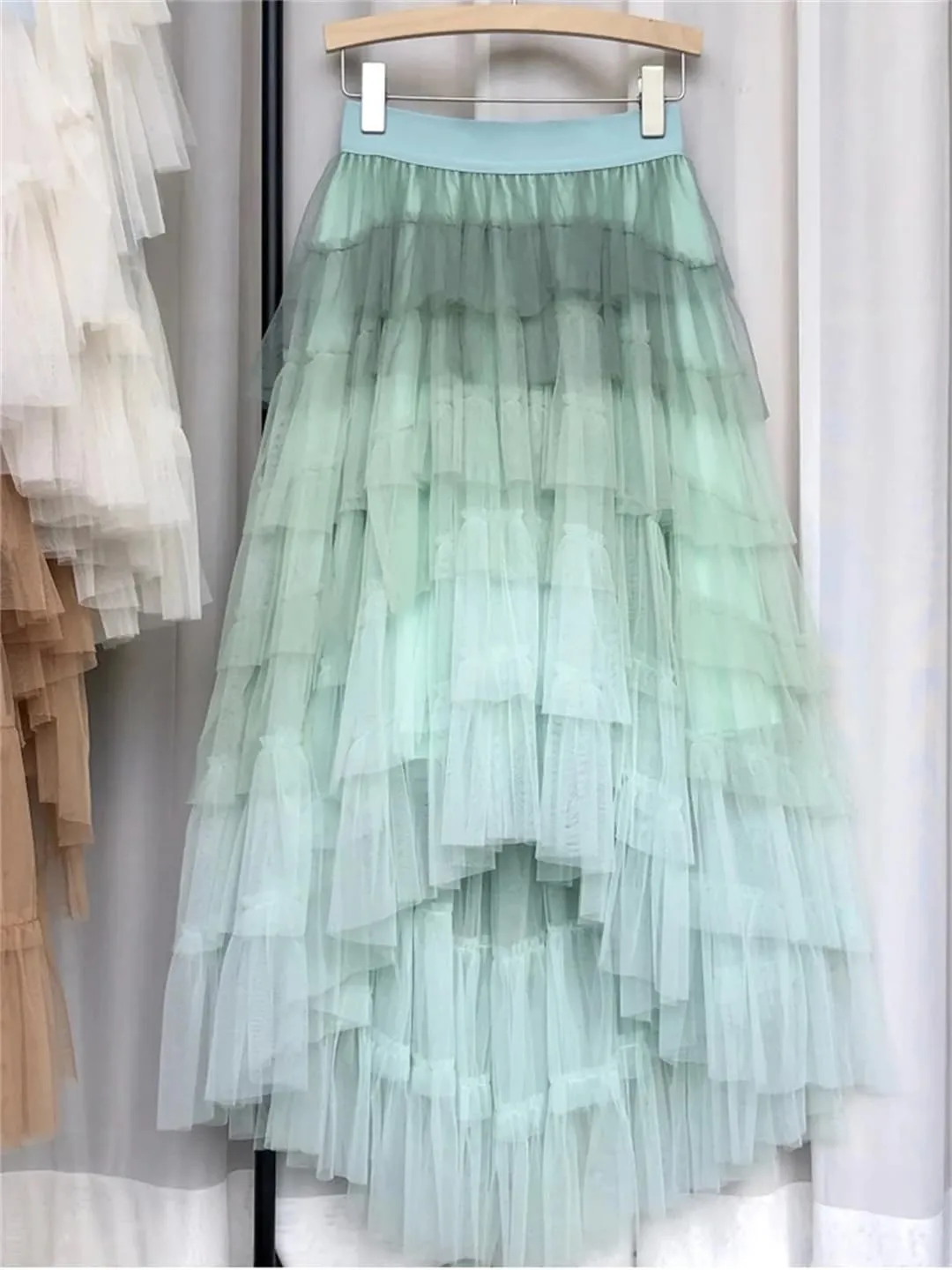 Fashionable Gradient Tulle Maxi Skirt Women Elegant Ruffles Irregular Hem Tiered Mesh High Waist Long Skirt
