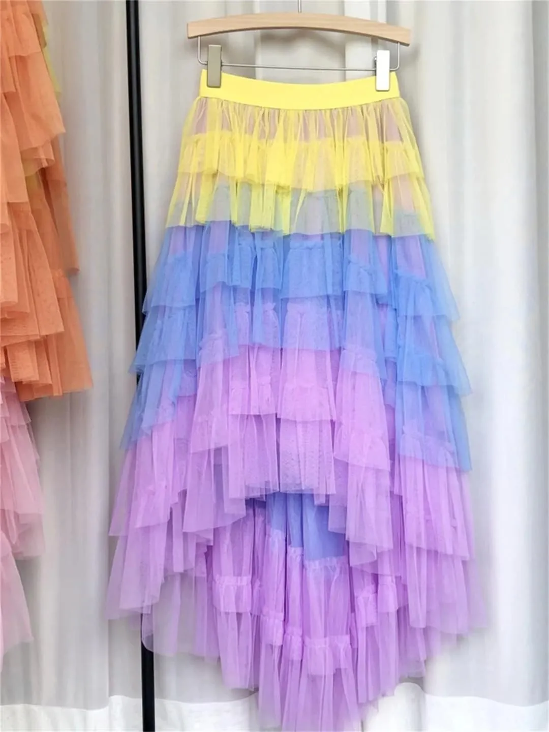 Fashionable Gradient Tulle Maxi Skirt Women Elegant Ruffles Irregular Hem Tiered Mesh High Waist Long Skirt