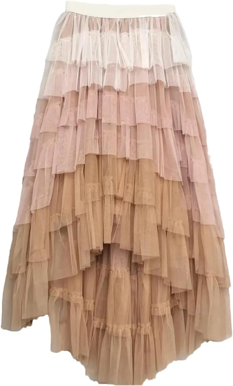 Fashionable Gradient Tulle Maxi Skirt Women Elegant Ruffles Irregular Hem Tiered Mesh High Waist Long Skirt