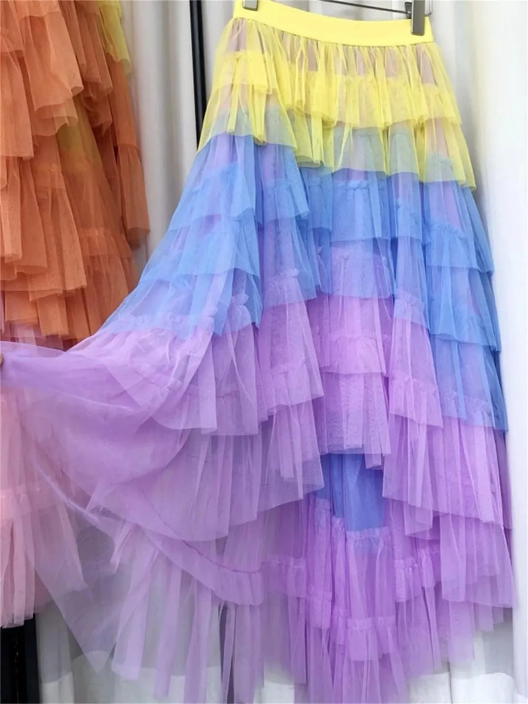 Fashionable Gradient Tulle Maxi Skirt Women Elegant Ruffles Irregular Hem Tiered Mesh High Waist Long Skirt