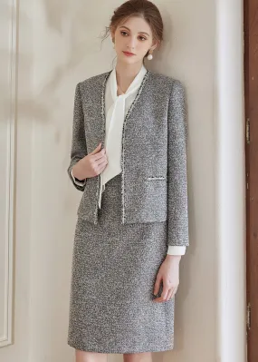 FLOWER GRAY TWEED JACKET & SKIRT