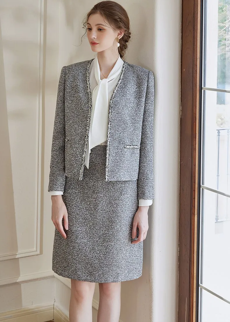 FLOWER GRAY TWEED JACKET & SKIRT