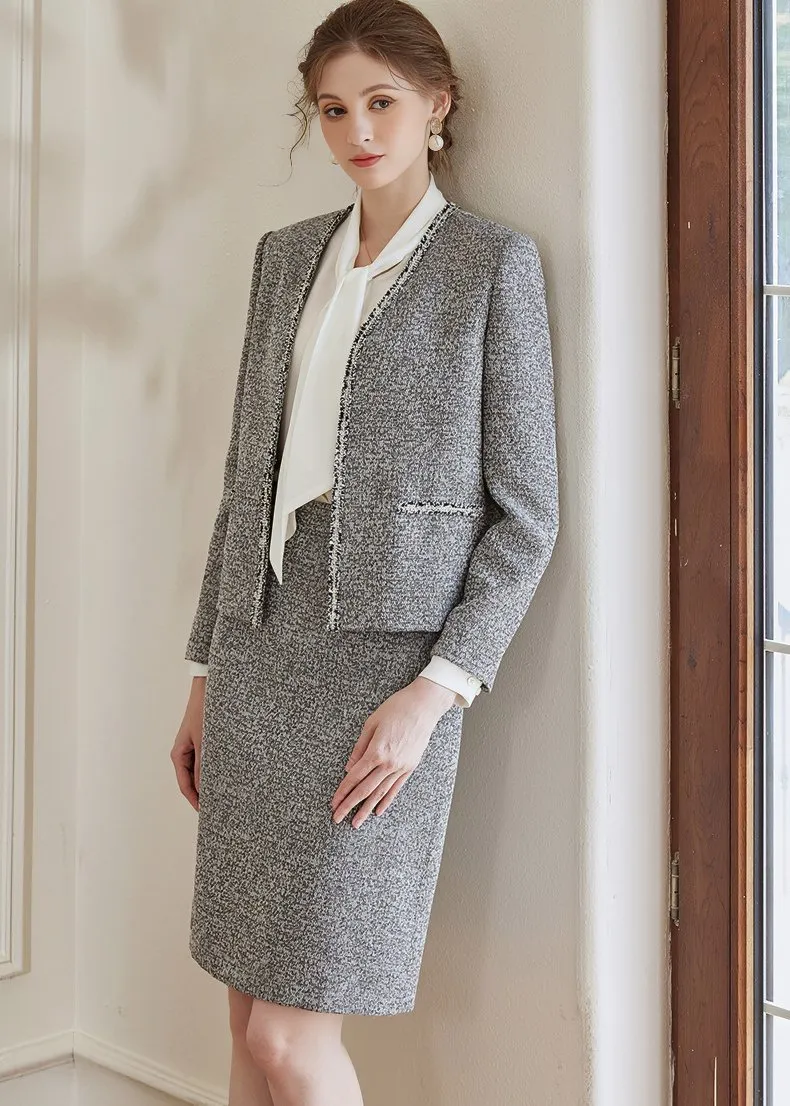 FLOWER GRAY TWEED JACKET & SKIRT