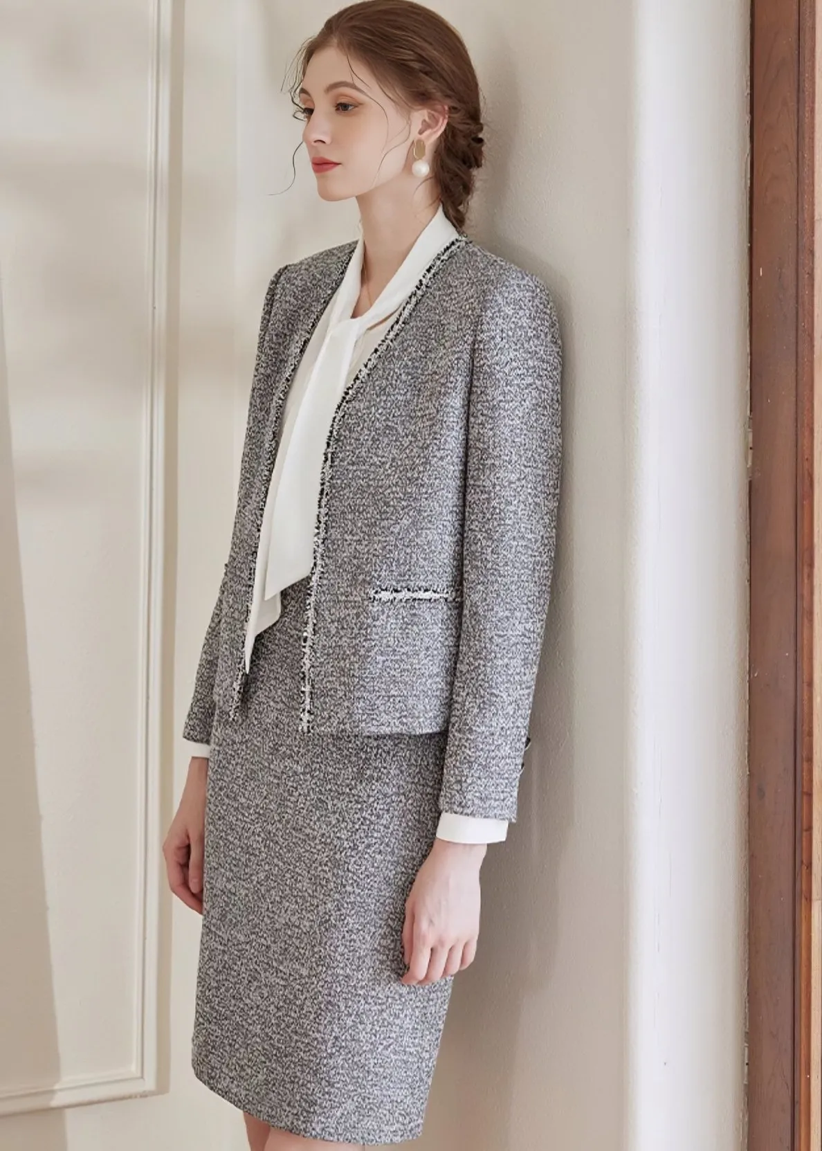 FLOWER GRAY TWEED JACKET & SKIRT