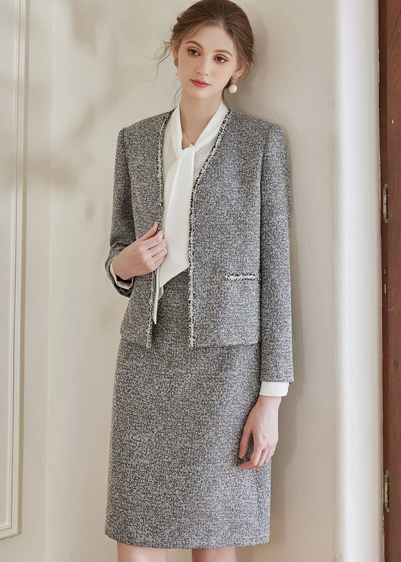 FLOWER GRAY TWEED JACKET & SKIRT