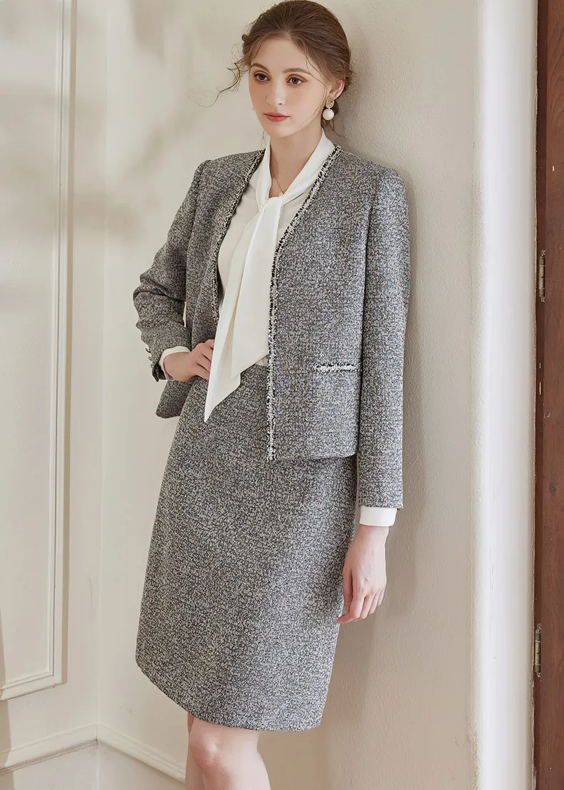 FLOWER GRAY TWEED JACKET & SKIRT