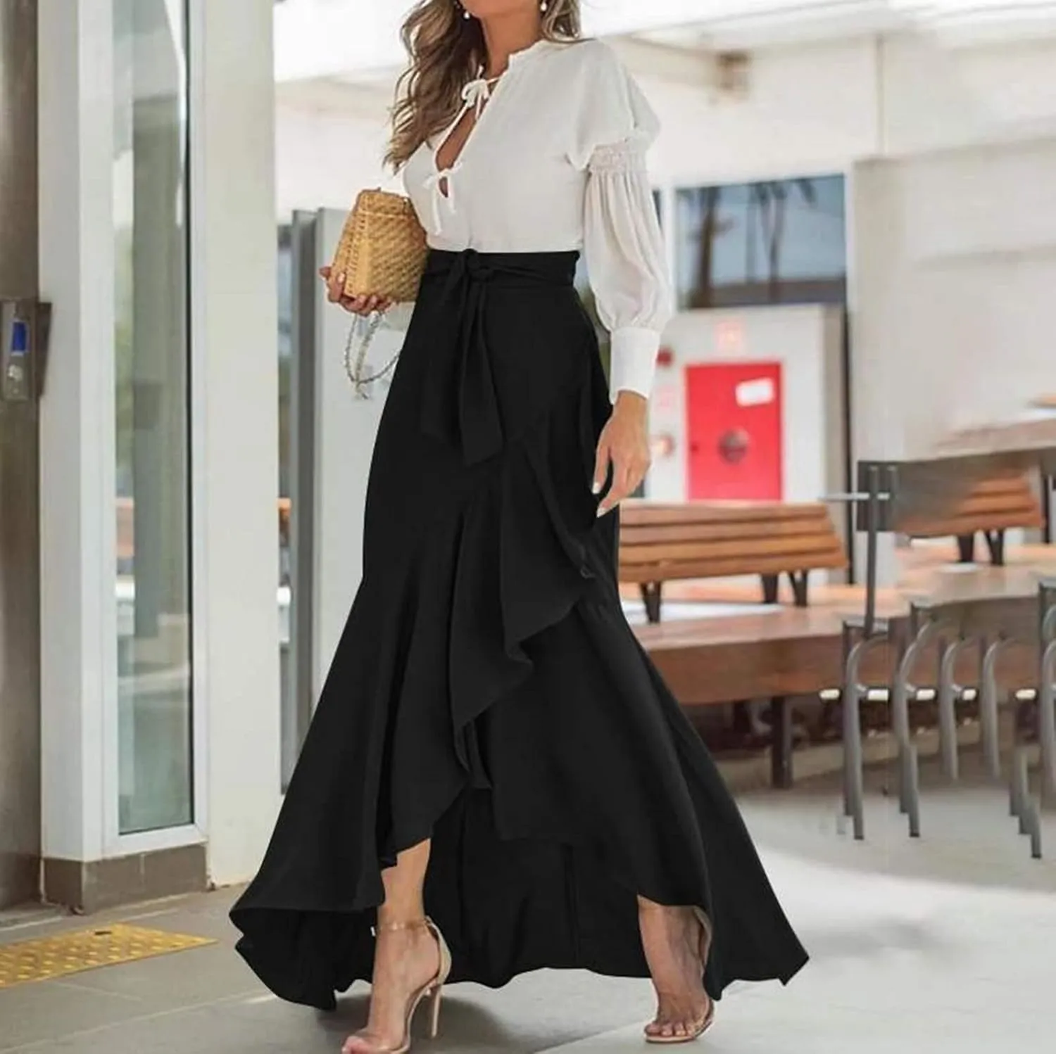 Flowy High Waisted Skirts for Women Trendy Summer Asymmetrical Ruffled Regular and Plus Size Maxi Skirt with Slit