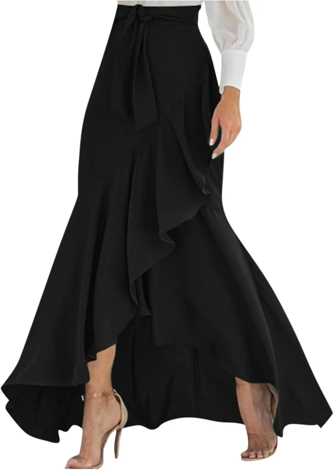 Flowy High Waisted Skirts for Women Trendy Summer Asymmetrical Ruffled Regular and Plus Size Maxi Skirt with Slit