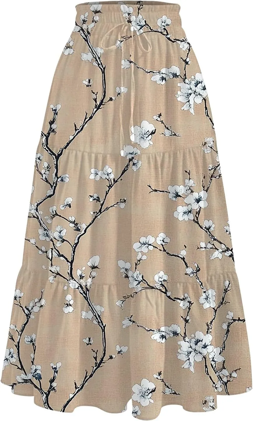 Flowy Skirts for Women Vintage Gradient Print Flowy Flared Ruffle A-Line Skirts Casual Fashion Maxi Skirt