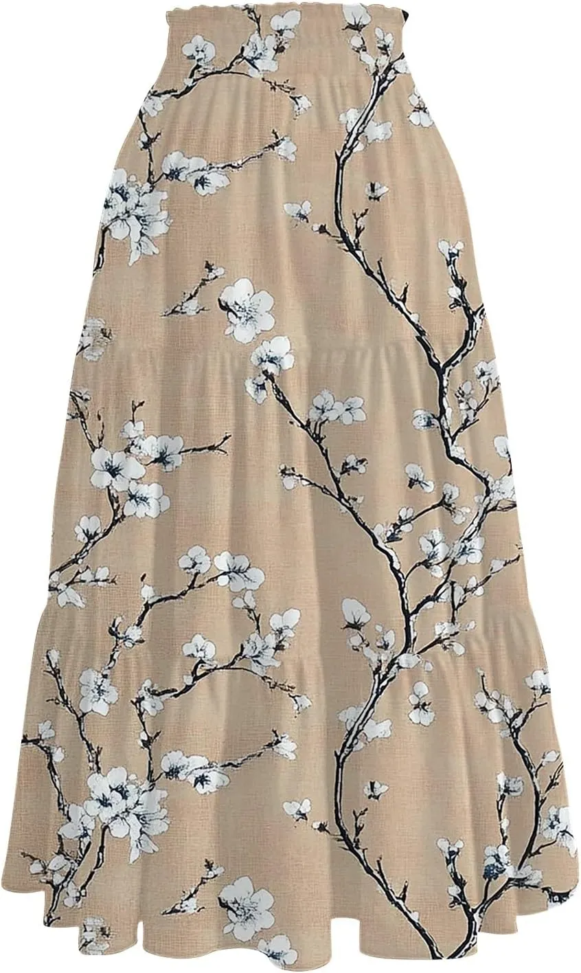 Flowy Skirts for Women Vintage Gradient Print Flowy Flared Ruffle A-Line Skirts Casual Fashion Maxi Skirt