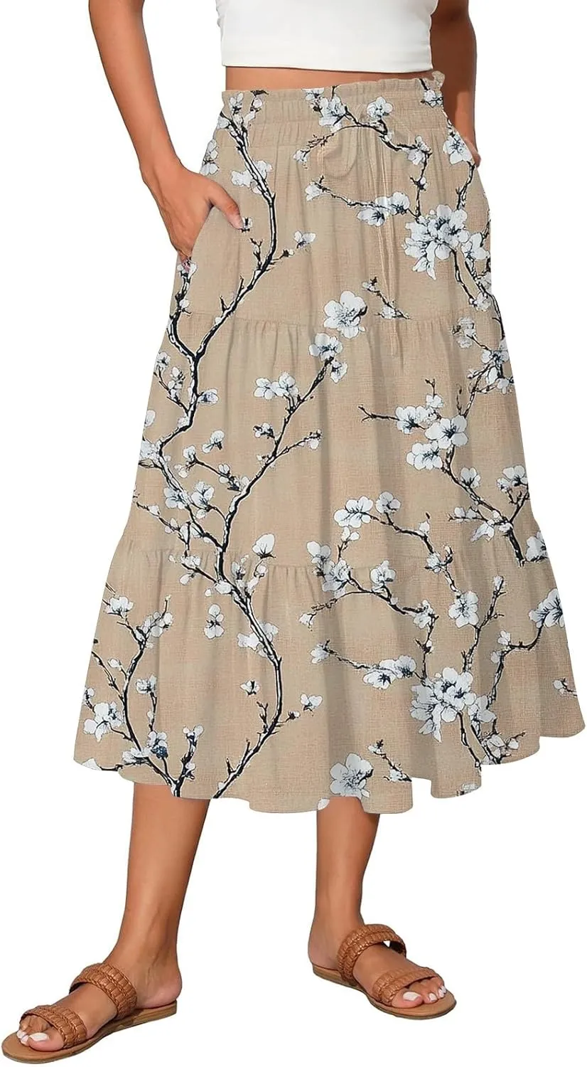 Flowy Skirts for Women Vintage Gradient Print Flowy Flared Ruffle A-Line Skirts Casual Fashion Maxi Skirt