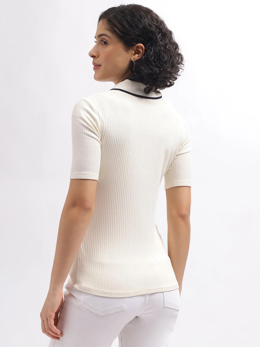 Gant Women Cream Solid Polo Collar Short Sleeves T-Shirt