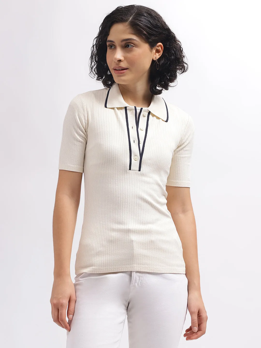 Gant Women Cream Solid Polo Collar Short Sleeves T-Shirt