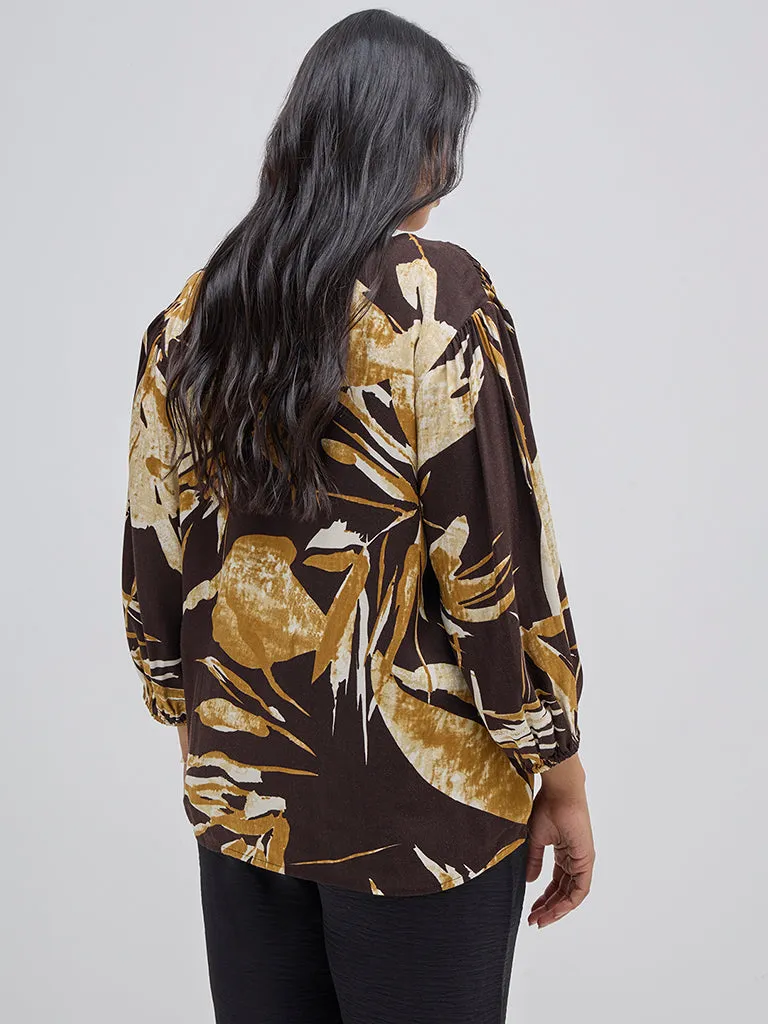 Gia Dark Brown Botanical Printed Blouse
