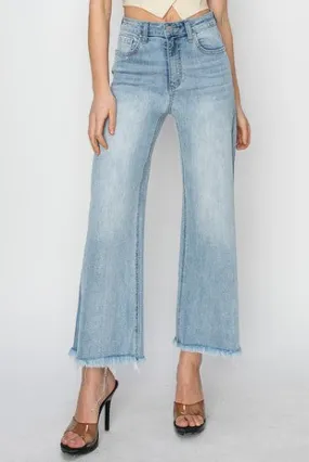 High Rise Frayed Ankle Wide Leg Jeans