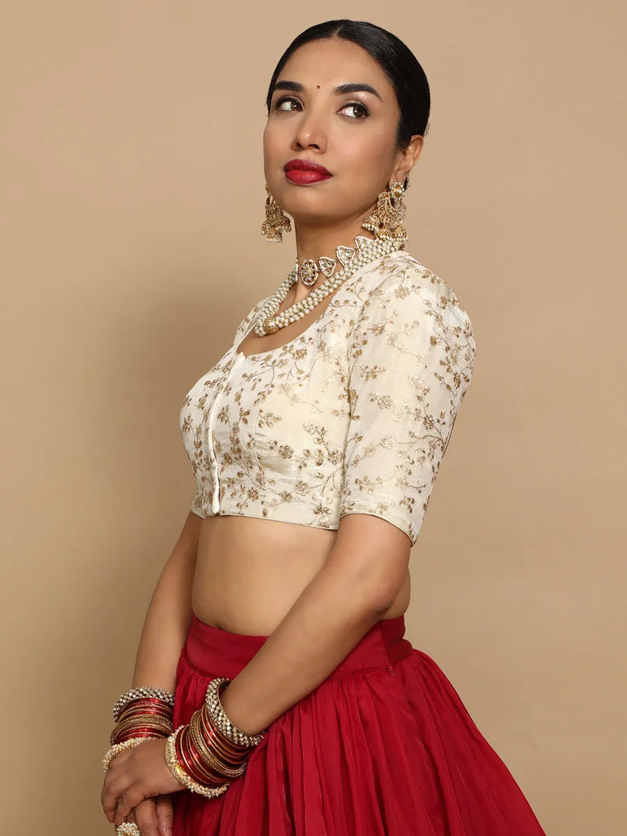 Hiral x Tyohaar | Elbow Sleeves Satin Viscose Saree Blouse in Gold Vine Embroidery on Cream Tissue Fabric